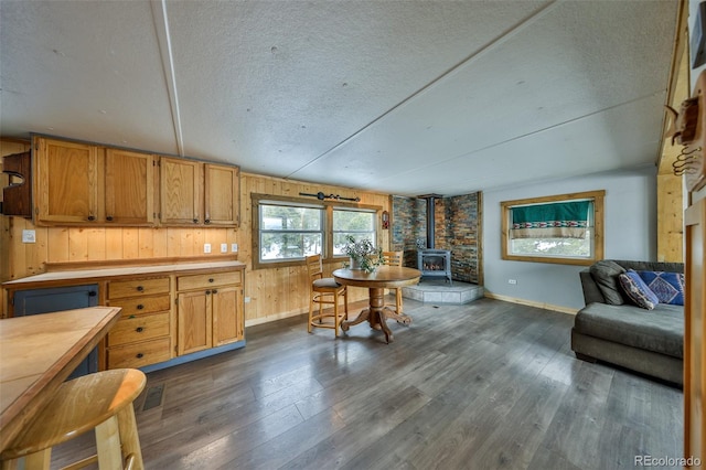 kitchen featuring dark hardwood / wood-style flooring, a textured ceiling, and a wood stove