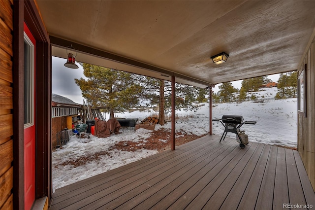 snow covered deck with grilling area