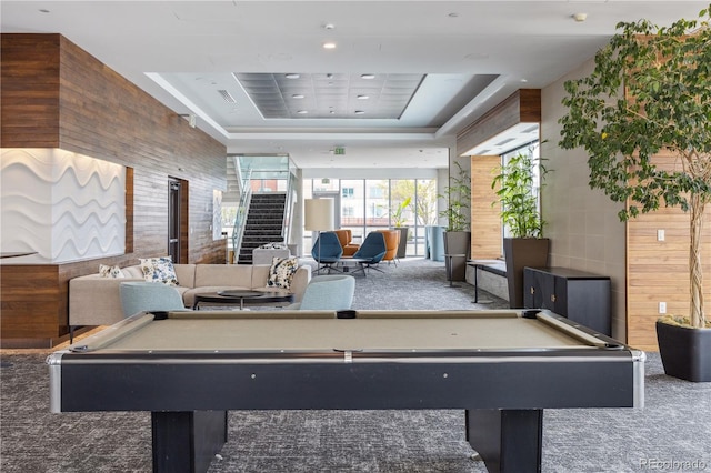 rec room featuring carpet floors, billiards, and a tray ceiling