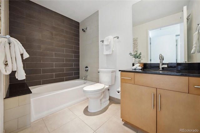 full bathroom with toilet, tiled shower / bath combo, tile patterned flooring, and vanity