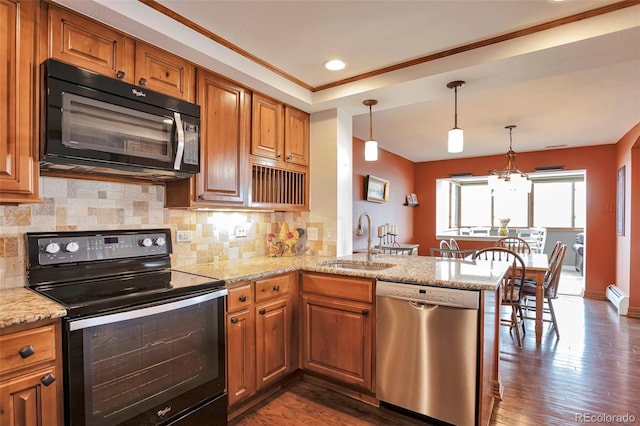 3131 E Alameda Ave Unit 704, Denver, CO 80209 - kitchen featuring dishwasher, range with electric stovetop, black microwave, a sink, and a peninsula