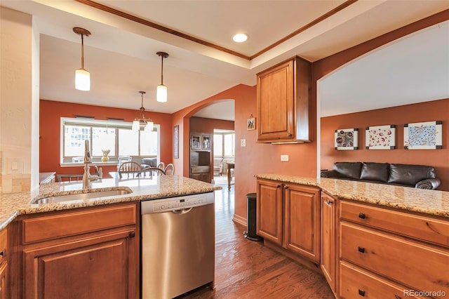 3131 E Alameda Ave Unit 704, Denver, CO 80209 - kitchen with stainless steel dishwasher, arched walkways, a sink, dark wood-type flooring, and brown cabinetry