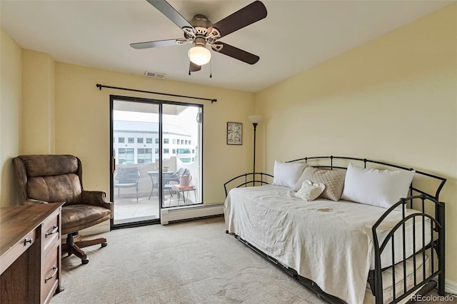3131 E Alameda Ave Unit 704, Denver, CO 80209 - bedroom with access to outside, carpet, a baseboard radiator, and ceiling fan