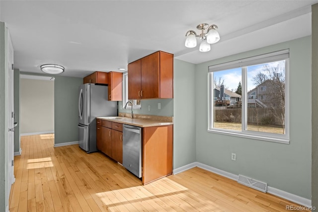 kitchen with visible vents, light wood finished floors, a sink, appliances with stainless steel finishes, and light countertops