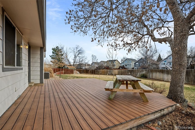 wooden deck with a yard, a fenced backyard, and a residential view