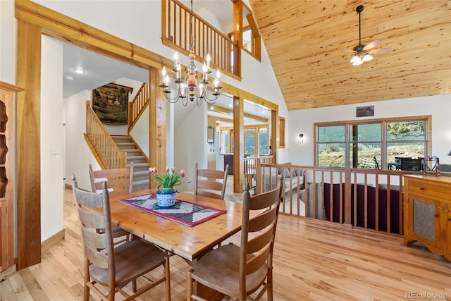 582 Buddy Rd, Bailey, CO 80421 - dining room with high vaulted ceiling, wooden ceiling, ceiling fan with notable chandelier, light wood-style floors, and recessed lighting
