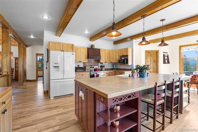 582 Buddy Rd, Bailey, CO 80421 - kitchen featuring electric range, premium range hood, beamed ceiling, light wood finished floors, and white fridge with ice dispenser