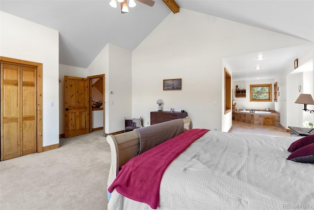 582 Buddy Rd, Bailey, CO 80421 - bedroom featuring beamed ceiling, baseboards, ceiling fan, high vaulted ceiling, and carpet flooring