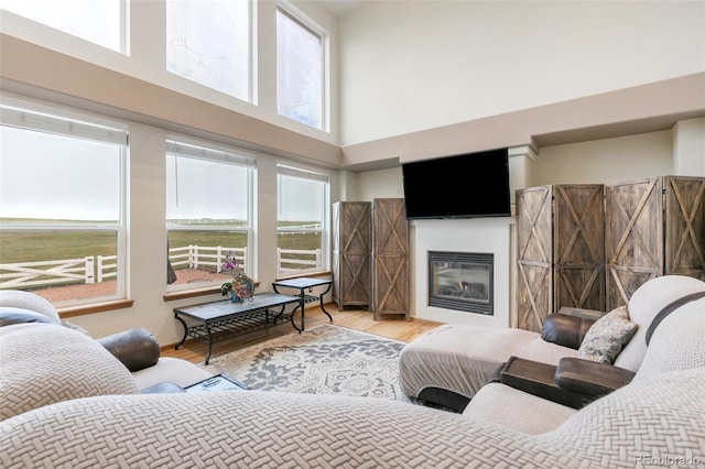 11960 Conestoga Trl, Elbert, CO 80106 - living area featuring a high ceiling, wood finished floors, and a glass covered fireplace