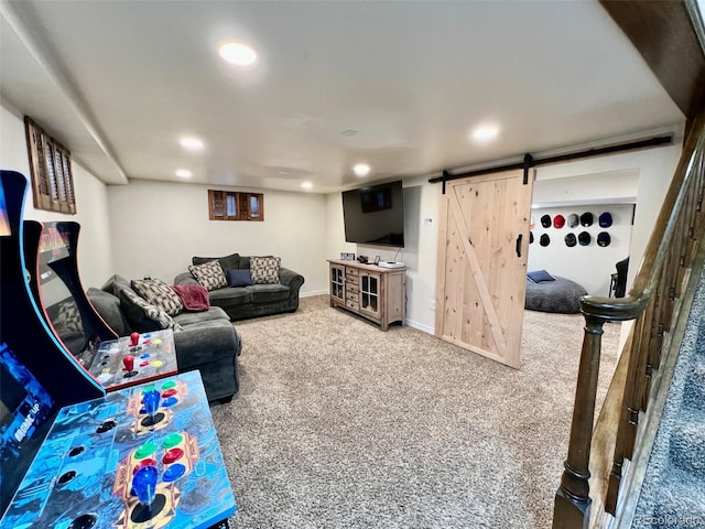playroom featuring baseboards, carpet flooring, recessed lighting, and a barn door