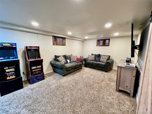 carpeted living area featuring recessed lighting