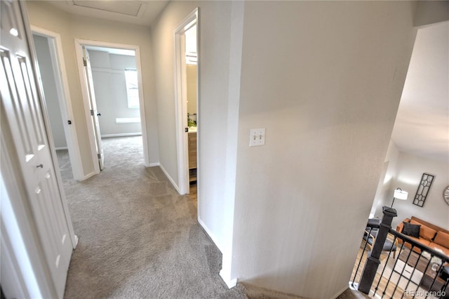 hallway with light colored carpet