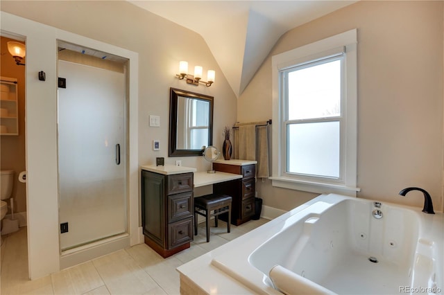 bathroom featuring tile patterned flooring, plus walk in shower, lofted ceiling, and vanity