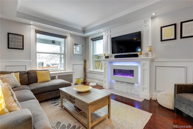 living room with ornamental molding, hardwood / wood-style floors, and radiator heating unit