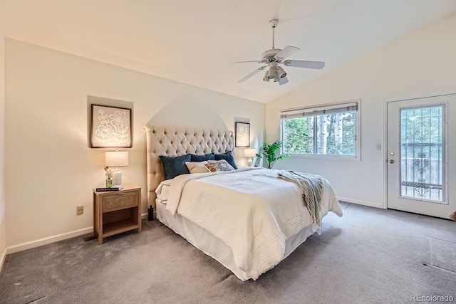 bedroom with ceiling fan, carpet floors, vaulted ceiling, and access to outside