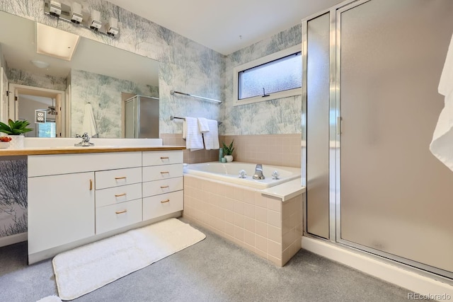 bathroom with vanity and plus walk in shower