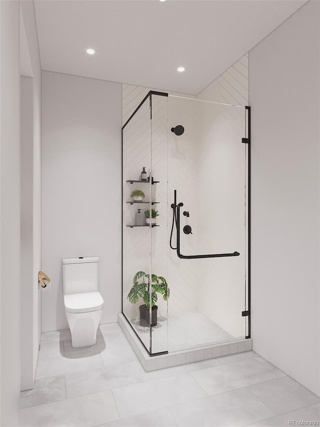 bathroom featuring an enclosed shower and toilet