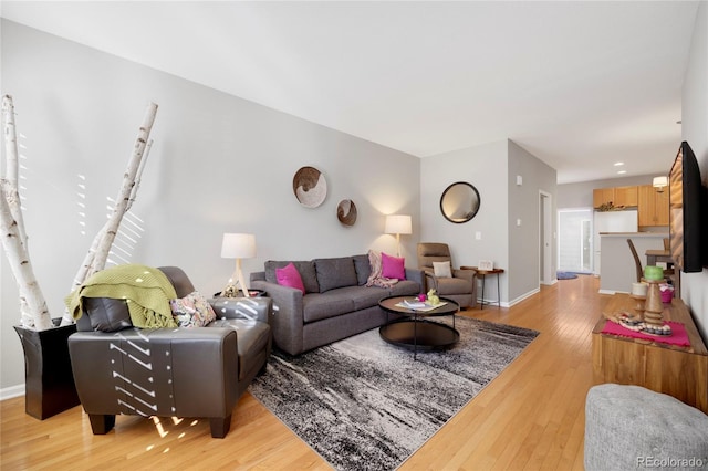 living area with light wood-style floors and baseboards