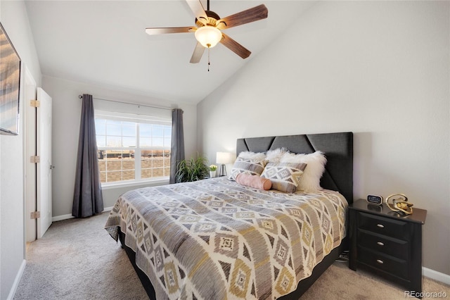 bedroom with a ceiling fan, lofted ceiling, light colored carpet, and baseboards