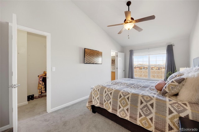 bedroom featuring lofted ceiling, ceiling fan, carpet flooring, and baseboards