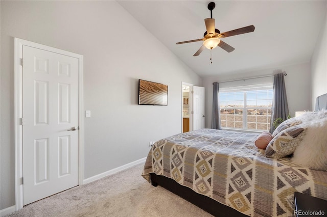 4357 W 118th Pl, Westminster, CO 80031 - carpeted bedroom featuring high vaulted ceiling, baseboards, and a ceiling fan