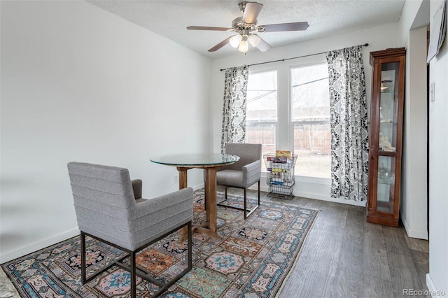 sitting room featuring ceiling fan, wood-type flooring, and a textured ceiling