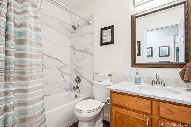 bathroom featuring toilet, shower / tub combo with curtain, and vanity