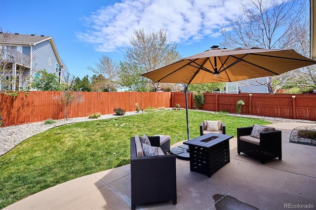 view of patio with a fire pit and a fenced backyard