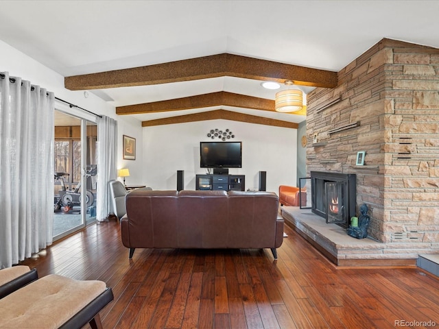 living room featuring lofted ceiling with beams and dark hardwood / wood-style flooring