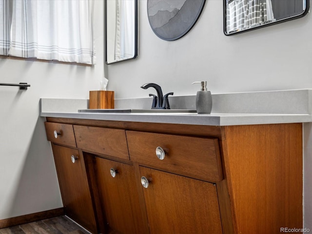 bathroom with hardwood / wood-style flooring and vanity