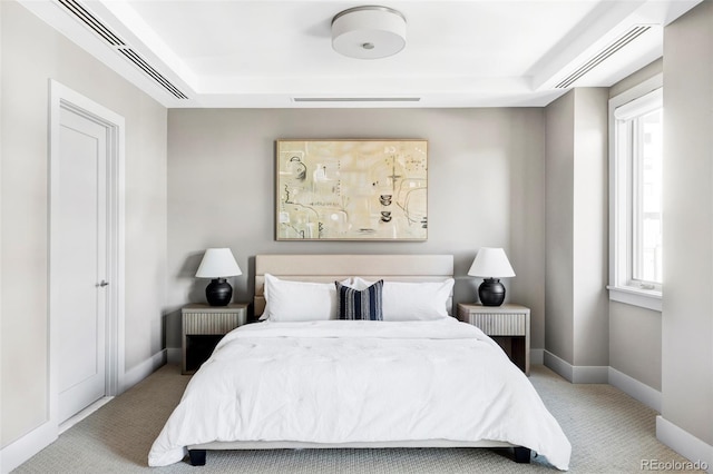 bedroom featuring light colored carpet and a raised ceiling