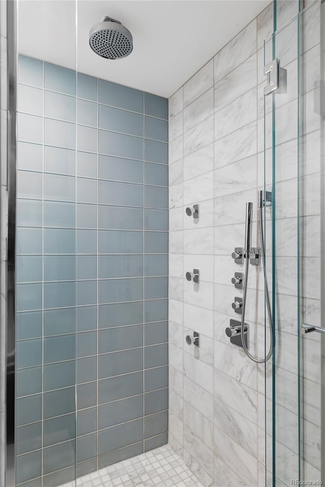 bathroom with a shower with shower door