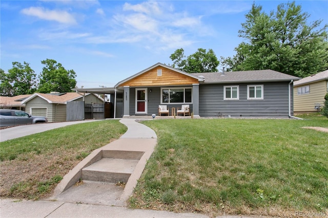 5280 S Logan St, Littleton, CO 80121 - single story home with a front lawn, a porch, and a shingled roof
