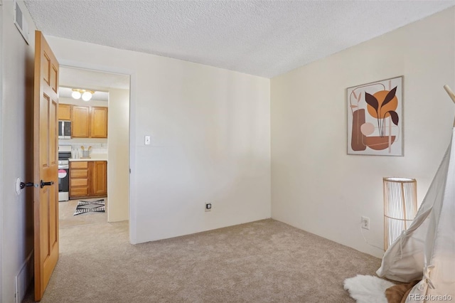 spare room with light colored carpet and a textured ceiling