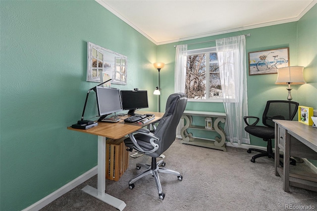 office space featuring baseboards, carpet flooring, and crown molding