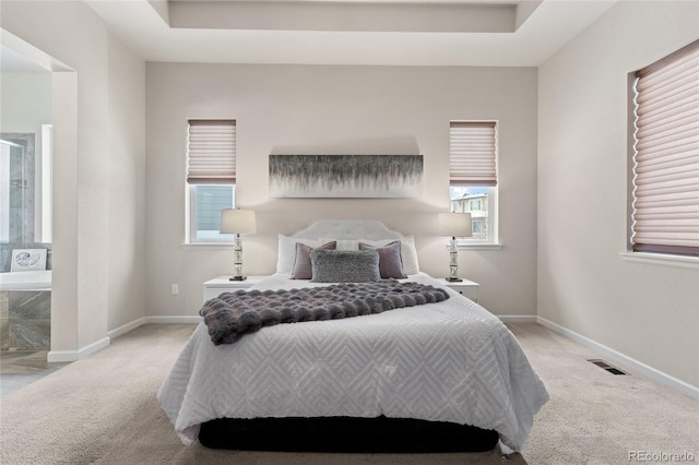 bedroom featuring a raised ceiling and light colored carpet