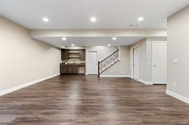 unfurnished living room with sink and dark hardwood / wood-style flooring