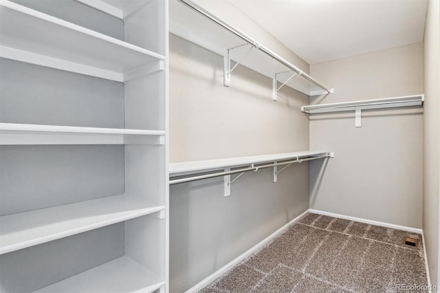 walk in closet with dark colored carpet