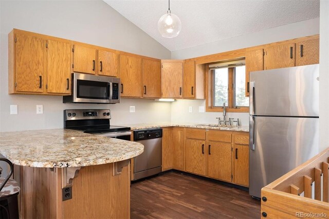 kitchen featuring kitchen peninsula, stainless steel appliances, vaulted ceiling, dark wood-type flooring, and decorative light fixtures