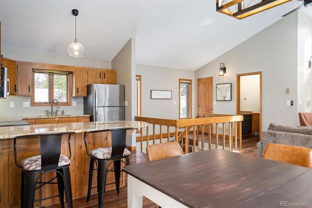 kitchen with appliances with stainless steel finishes, dark hardwood / wood-style flooring, vaulted ceiling, and light stone counters