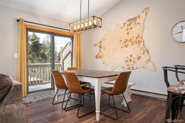 dining area featuring a chandelier, dark hardwood / wood-style flooring, a baseboard radiator, and vaulted ceiling