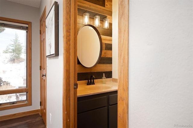 bathroom with vanity and hardwood / wood-style flooring