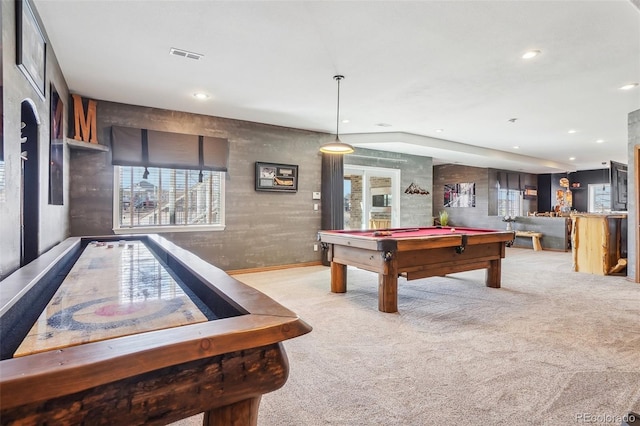 game room featuring carpet, billiards, visible vents, and recessed lighting