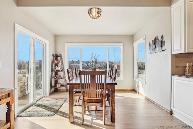 dining room featuring light wood-style flooring and baseboards