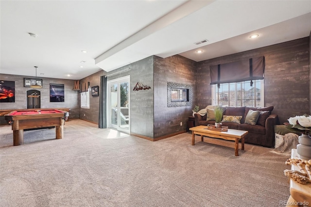 rec room with recessed lighting, billiards, visible vents, and light colored carpet