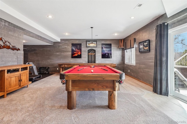 game room with pool table, light colored carpet, a wealth of natural light, and recessed lighting