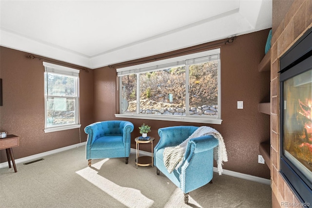 living area featuring carpet floors