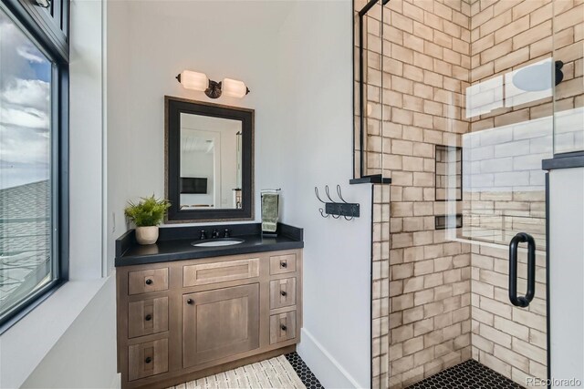 bathroom featuring vanity, a shower with shower door, and plenty of natural light