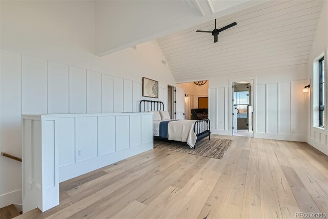 unfurnished bedroom with high vaulted ceiling, light wood-type flooring, beam ceiling, and wooden ceiling