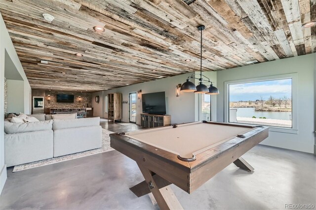 playroom featuring billiards, concrete flooring, and wood ceiling